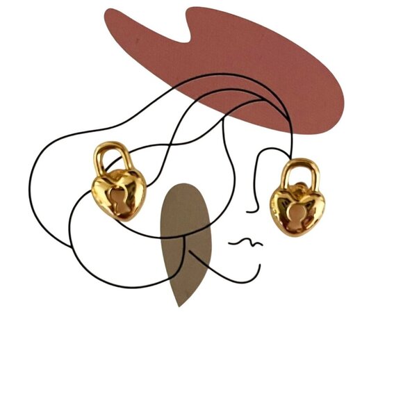 Small Stud Goldtone Heart Lock Stud Earrings Minimalist Academia Cute - Picture 9 of 10